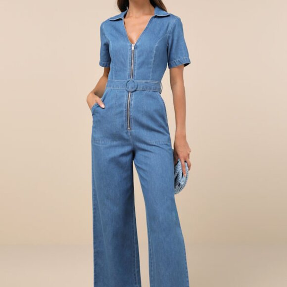 Lulus Cherished Charm Blue Chambray Collared Short Sleeve Jumpsuit - Size XS - Picture 1 of 1